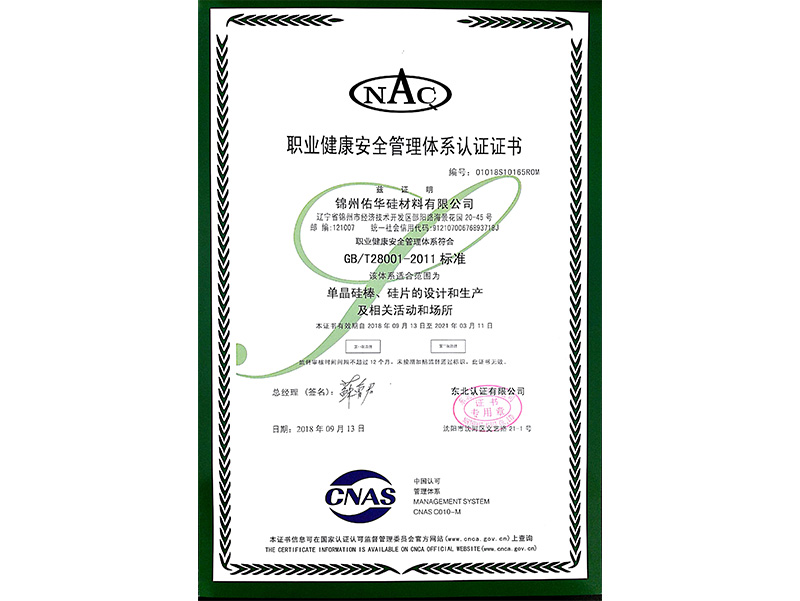 職業(yè)健康安全管理體系認證證書（中文）
